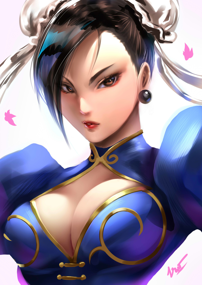 absurdres blue_dress breasts brown_eyes brown_hair bun_cover china_dress chinese_clothes chun-li cleavage cleavage_cutout clothing_cutout commentary double_bun dress earrings english_commentary eyeshadow female hair_bun highres jewelry large_breasts looking_at_viewer makeup parted_lips puffy_short_sleeves puffy_sleeves red_lips short_sleeves solo street_fighter yuuko_takega