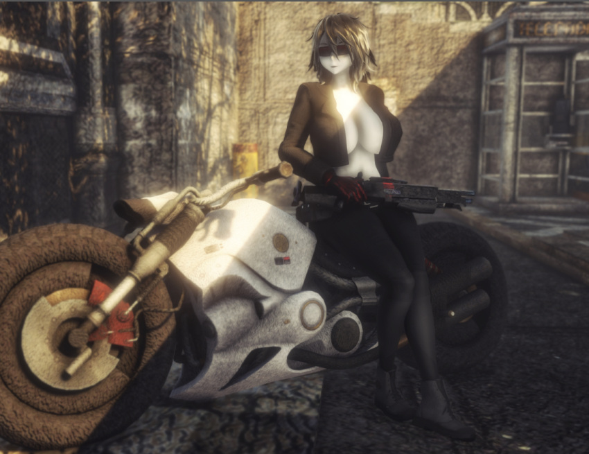 3d badass_woman big_breasts biker_girl biker_jacket black_hair boob_window goes_hard gun sunglasses