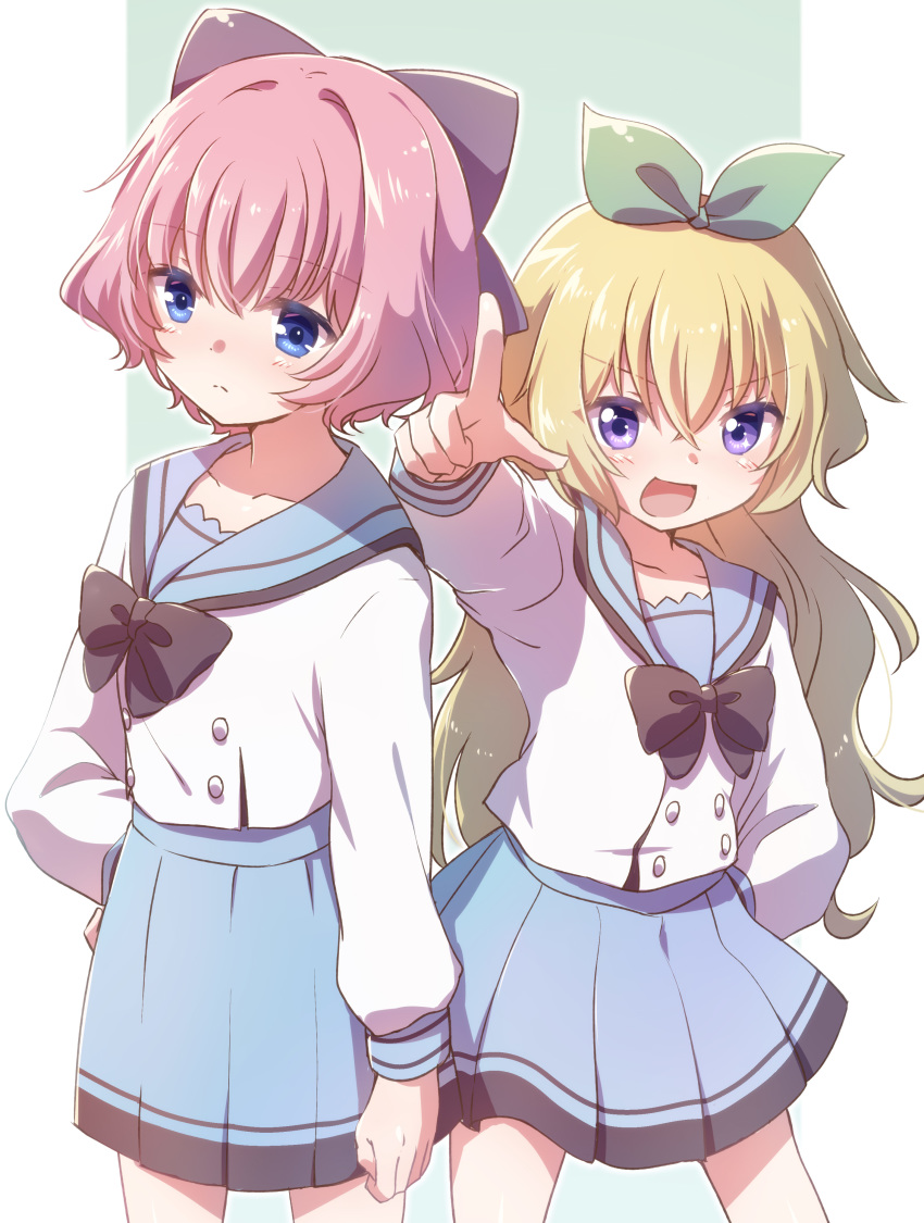 2girls :d absurdres black_bow blonde_hair blue_eyes blush border bow bowtie commentary cowboy_shot frown gradient_background green_bow hair_between_eyes hair_intakes hairbow hasegawa_mii highres hiiragi_kae large_bow long_hair long_sleeves looking_at_viewer marehoshi_academy_school_uniform multiple_girls nyaa_(nnekoron) open_mouth pink_hair pointing pointing_at_viewer purple_eyes re:stage! sailor_collar school_uniform serafuku short_hair skirt smile white_border