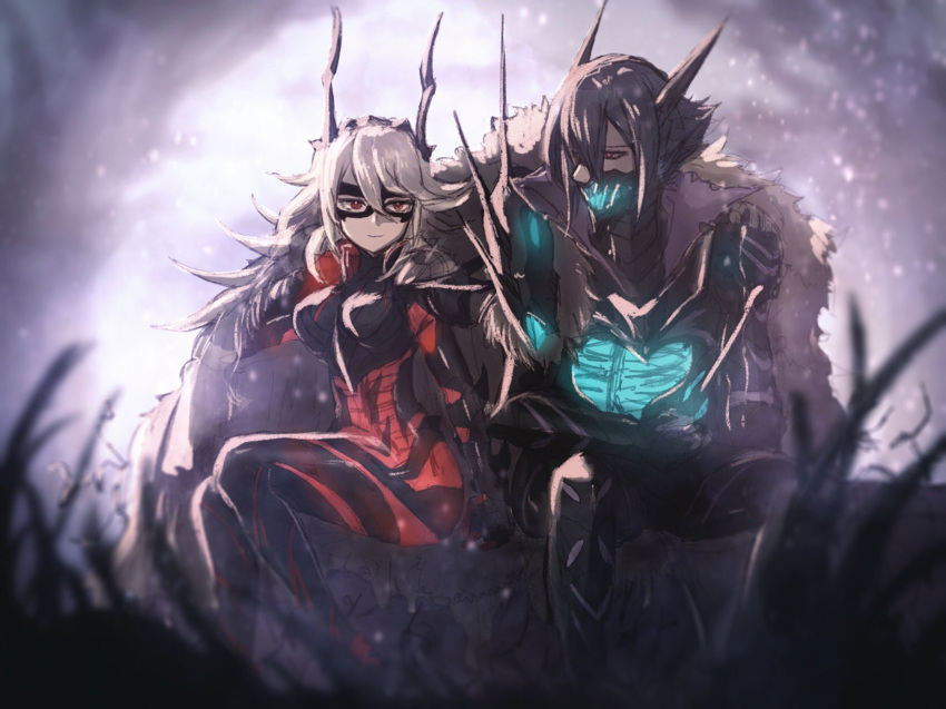 1boy adjusting_hair armor black_armor black_hair black_mask bone breastplate breasts cape closed_mouth commentary_request domino_mask feh_xeri female fire_emblem fire_emblem_heroes fur-trimmed_cape fur_trim hair_between_eyes highres horned_mask horns lif_(fire_emblem) light_smile long_hair looking_at_viewer looking_away mask masked medium_breasts mouth_mask red_eyes short_hair sitting skeleton thrasir_(fire_emblem) white_cape white_hair