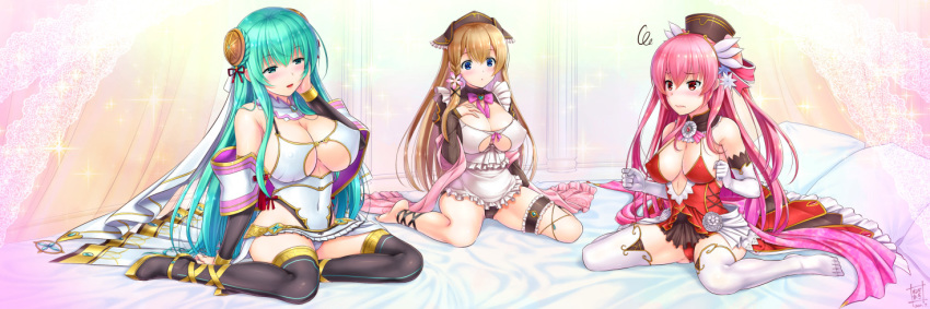 3girls apron aqua_hair back_bow bare_legs barefoot bed black_footwear black_panties black_skirt blue_eyes blush boots bow braid breasts brown_hair bun_cover closed_mouth emerald_(houseki_hime) flower frilled_apron frills gem_silica_(houseki_hime) green_eyes hair_flower hair_ornament hair_ribbon hat houseki_hime large_breasts leotard long_hair looking_at_another multicolored_background multiple_girls negimaki_(negimaki256) panties pillow pink_bow pink_hair pink_ribbon red_eyes ribbon ruby_(houseki_hime) side_braid sitting skirt smile thigh_boots thighhighs underwear wariza white_legwear white_leotard yokozuwari zettai_ryouiki