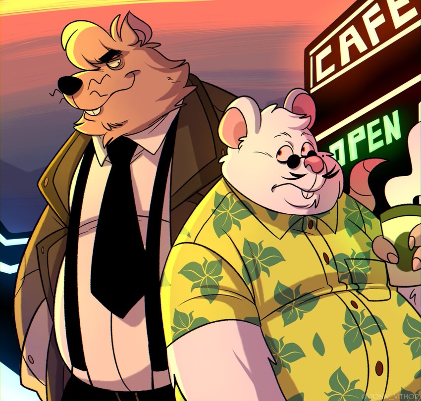 2021 anthro belly big_belly black_nose brown_body brown_fur clothing duo fur humanoid_hands john_vithor male mammal mouse murid murine necktie outside overweight overweight_male pink_nose rat rodent shirt suspenders topwear white_body white_fur