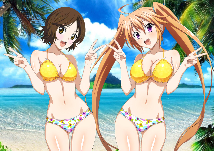 2girls ahoge beach bikini blue_ribbon blush breasts brown_eyes brown_hair cleavage high_school_dxd large_breasts long_hair looking_at_viewer medium_breasts mimic multiple_girls open_mouth orange_hair palm_tree peace_symbol purple_eyes ribbon sawabe_tsubaki shidou_irina shigatsu_wa_kimi_no_uso short_hair siblings smile standing swimsuit tree twins twintails water yellow_bikini