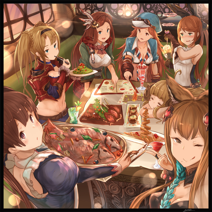 6+girls :p absurdres anila_(granblue_fantasy) animal_ears blonde_hair blue_eyes blush braid breasts brown_eyes brown_hair carren_(granblue_fantasy) clarisse_(granblue_fantasy) cleavage commentary_request dorothy_(granblue_fantasy) draph eating erune fingerless_gloves fish food gloves granblue_fantasy green_eyes hair_ornament hair_ribbon hat highres long_hair looking_at_viewer mary_(granblue_fantasy) meat medium_breasts menu metera_(granblue_fantasy) mole mole_under_mouth multiple_girls one_eye_closed open_mouth orange_hair plaid plaid_skirt ponytail red_eyes ribbon salad saliva skirt smile table tongue tongue_out tray twintails yatsuka_(846) zeta_(granblue_fantasy)