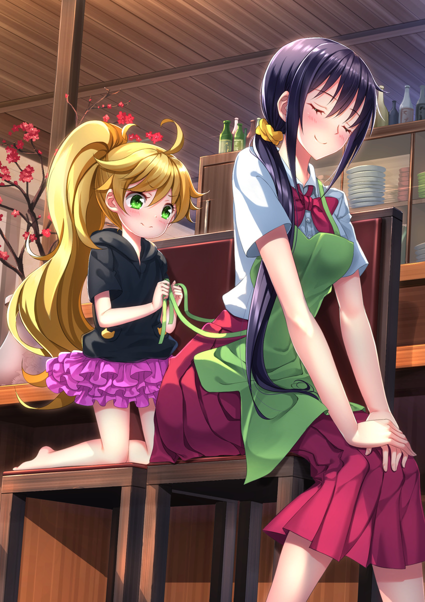 2girls age_difference ahoge amaama_to_inazuma apron barefoot black_hair blush brown_hair casual closed_eyes commentary_request dress_shirt dressing_another green_eyes highres hood hoodie iida_kotori inuzuka_tsumugi kneeling long_hair multiple_girls ponytail school_uniform shirt skirt smile swordsouls tying_apron