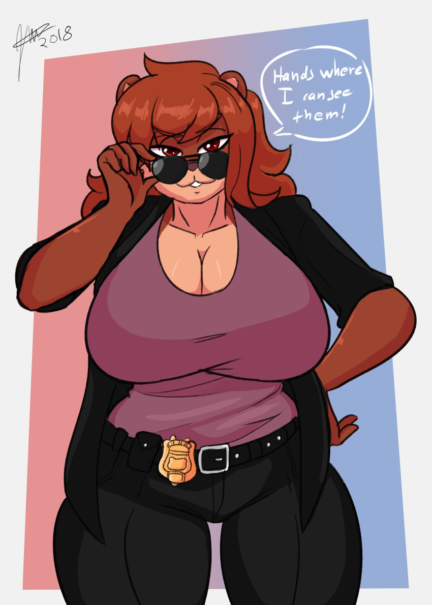 2018 badge bear big_breasts breasts brown_bear cleavage clothed clothing dialogue english_text eyewear female front_view gina_knight hair hi_res huge_breasts jwinkz kodiak_bear looking_at_viewer mammal police police_badge police_officer signature solo speech_bubble sunglasses talking_to_viewer text thick_thighs thigh_gap ursine wide_hips year