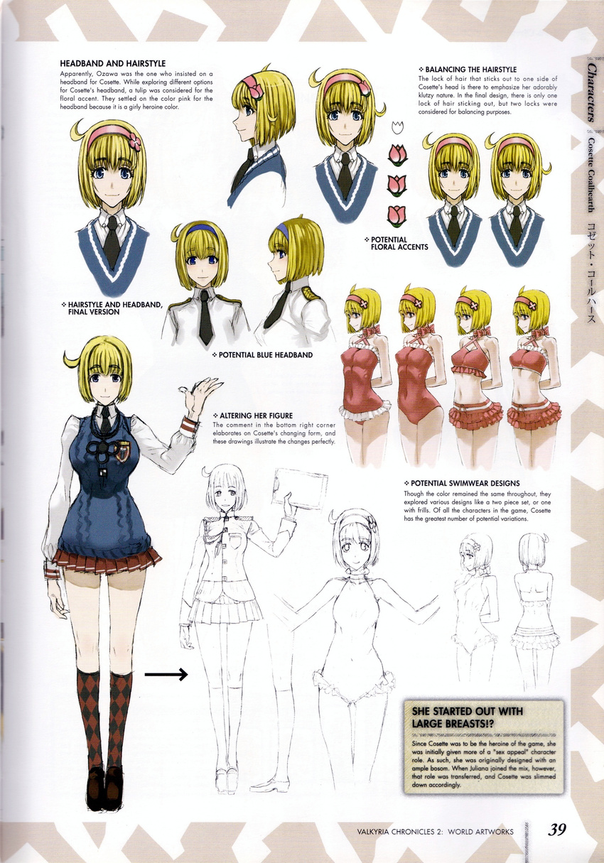 arms_behind_back bikini blonde_hair blue_eyes choker concept_art cosette_coalhearth female frilled_bikini frills headband highres honjou_raita midriff multiple_views necktie non-web_source pleated_skirt reference_sheet ribbon senjou_no_valkyria_(series) senjou_no_valkyria_2 shoes simple_background skirt smile stethoscope swimsuit uniform variations