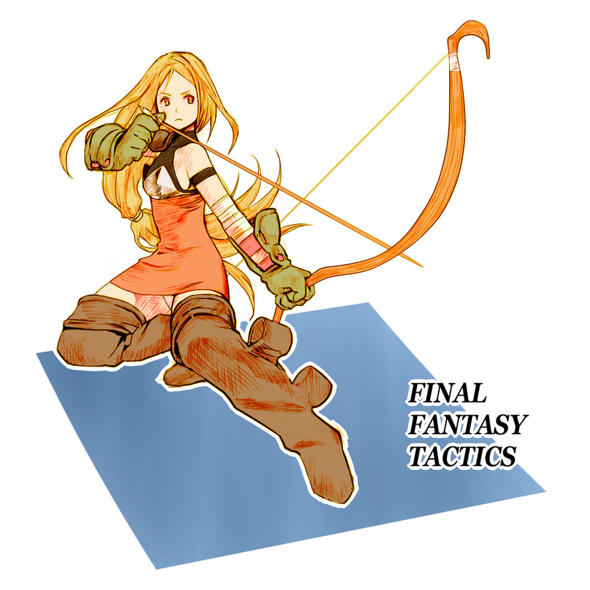 aiming archer_(fft) arrow_(projectile) bad_id bad_pixiv_id blonde_hair blush boots bow_(weapon) drawing_bow dress female final_fantasy final_fantasy_tactics gloves haru_(calipur) highres holding holding_arrow holding_bow_(weapon) holding_weapon long_hair outstretched_arm panties solo thigh_boots thighhighs underwear weapon yellow_eyes