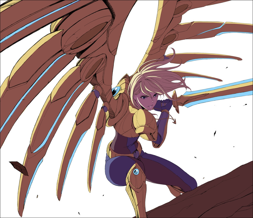 aether_wing_kayle alternate_costume armor blonde_hair blue_eyes bodysuit boots female fighting_stance gloves holding holding_weapon ieung-isegae kayle_(league_of_legends) league_of_legends long_hair mechanical_wings on_one_knee solo sword weapon white_background wings