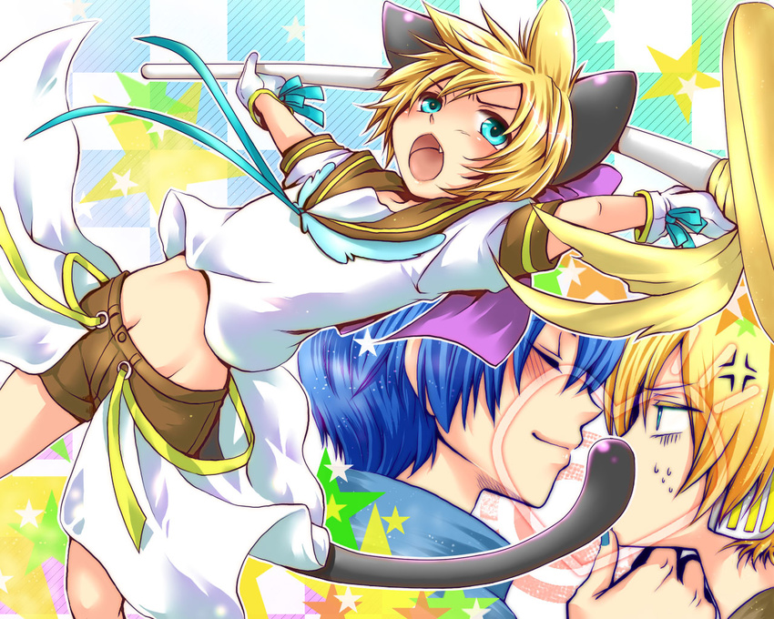 animal_ears animal_tail blonde_hair blue_hair blush cat_ears cat_tail gloves kagamine_len kaito kiriya magical_nuko-lenlen_(vocaloid) open_mouth short_hair shorts staff tail vocaloid