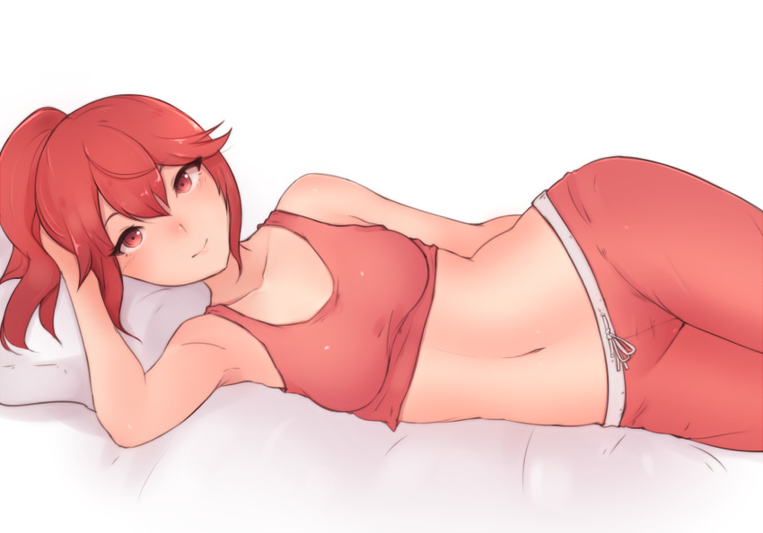 anna_(fire_emblem) bare_shoulders bluefield breasts crop_top female fire_emblem hair_between_eyes hand_on_own_head highres lying medium_breasts midriff navel on_side pajamas pillow ponytail reclining red_eyes red_hair sidelocks simple_background solo tank_top third-party_source white_background wide_hips