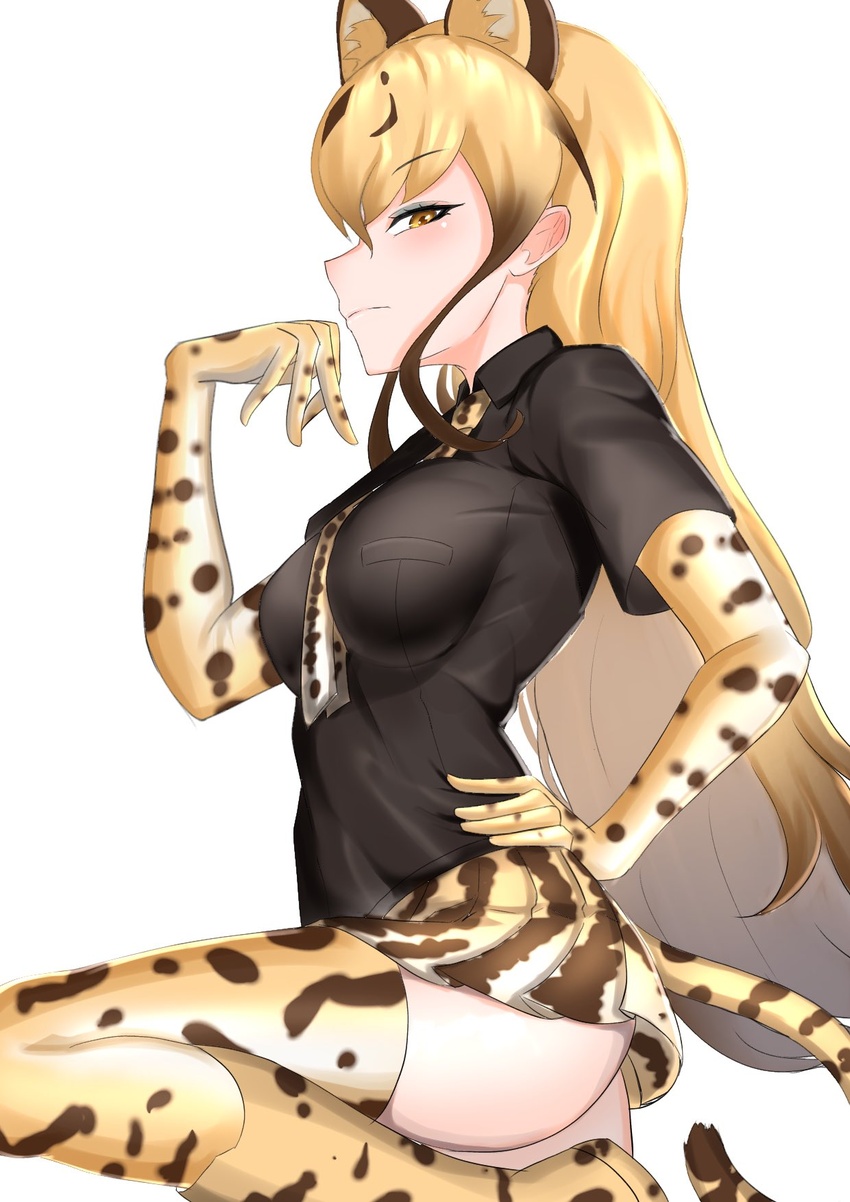 animal_ears animal_print ass bentmen between_breasts black_shirt blonde_hair boots breast_pocket breasts brown_hair cheetah_ears cheetah_girl cheetah_print cheetah_tail closed_mouth collared_shirt colored_inner_hair elbow_gloves extra_ears eyeshadow female from_side gloves hand_on_own_hip hand_up highres impossible_clothes impossible_shirt kemono_friends king_cheetah_(kemono_friends) leg_lift long_hair looking_at_viewer makeup medium_breasts microskirt multicolored_hair necktie necktie_between_breasts pleated_skirt pocket print_footwear print_gloves print_necktie print_skirt print_thighhighs shirt short_sleeves sideways_glance simple_background skirt solo tail thighhighs very_long_hair white_background wing_collar yellow_eyes