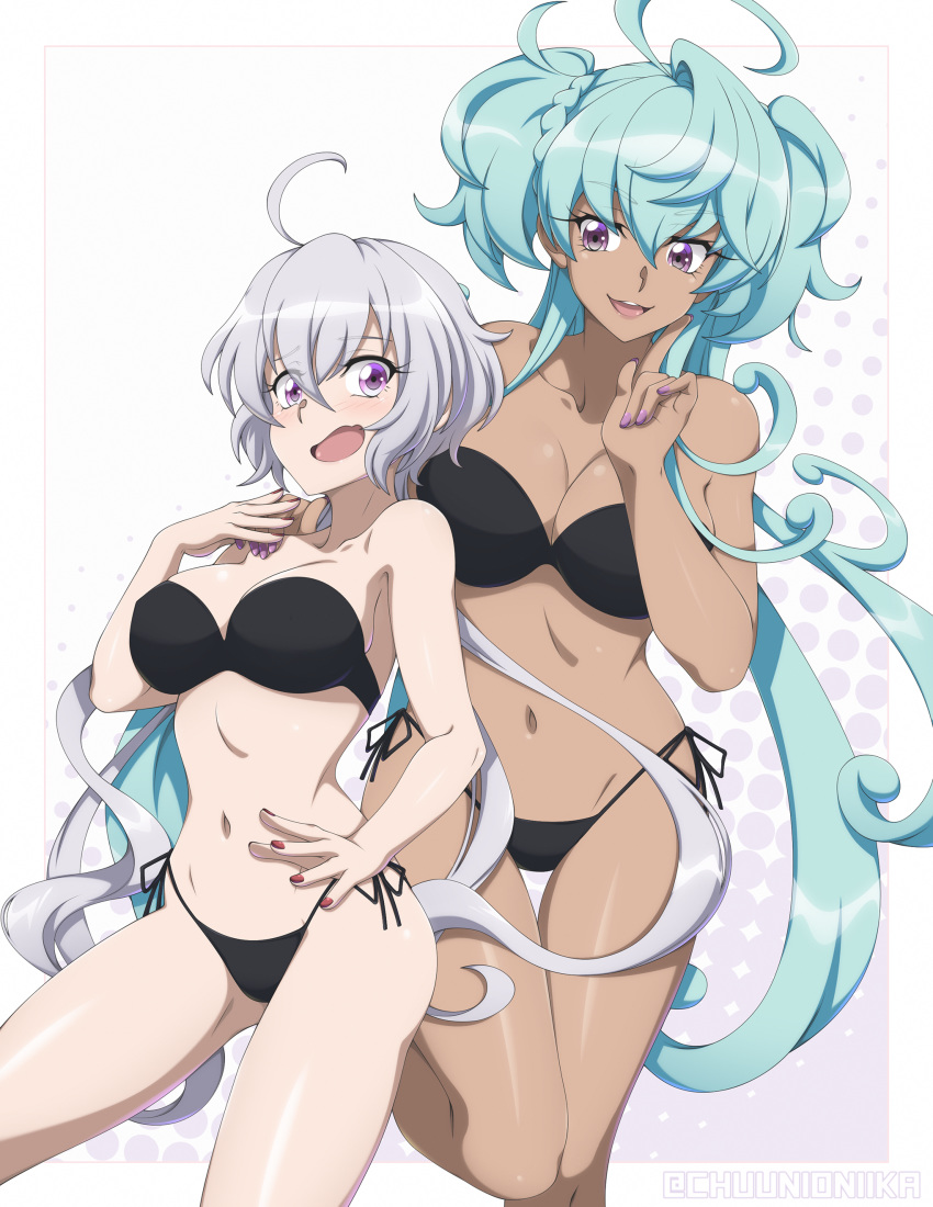 2girls absurdres ahoge aqua_hair artist_name between_breasts black_bra black_panties bra braid breasts cagliostro_(symphogear) chuunioniika collarbone commission dark-skinned_female dark_skin grey_hair highres hip_bones large_breasts long_hair low_twintails midriff multiple_girls nail_polish navel open_mouth panties purple_eyes senki_zesshou_symphogear side-tie_panties smile strapless strapless_bra twintails two_side_up underwear very_long_hair yukine_chris yuri