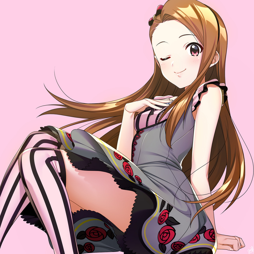 black_dress blush brown_hair dress feet_out_of_frame female flower forehead hairband highres idolmaster idolmaster_(classic) idolmaster_million_live! idolmaster_million_live!_theater_days lips long_hair looking_at_viewer mackintosh_rose mikapoe minase_iori one_eye_closed pink_background red_eyes simple_background sitting sleeveless smile solo thighhighs zettai_ryouiki