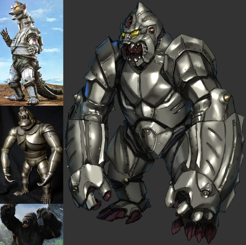 bad_id bad_pixiv_id fusion godzilla_(series) gorilla highres kaijuu king_kong king_kong_(series) looking_down looking_up mechagodzilla mechani-kong mechanization munya_(otikamohe) no_humans open_hands photo_inset reference_inset science_fiction solo_focus yellow_eyes