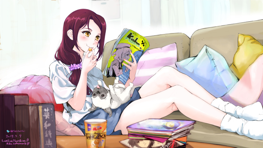 a-rise artist_name bad_id bad_pixiv_id blue_shorts blush canine chips_(food) commentary_request couch eating female food hair_ornament hair_scrunchie highres himejoshi indoors kira_tsubasa loose_socks love_live! love_live!_school_idol_project love_live!_sunshine!! magazine_(object) manga_(object) pillow pink_scrunchie potato_chips purple_hair reclining sakurauchi_riko sansensui scrunchie shirt shorts side_ponytail socks white_legwear white_shirt