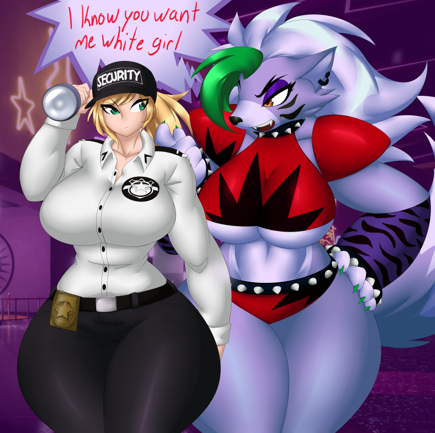 absurd_res animatronic anthro big_breasts blonde_hair breasts camel_toe canid canine canis dialogue duo english_text female female/female five_nights_at_freddy's five_nights_at_freddy's:_security_breach flashlight green_eyes hair hand_on_hip hi_res human kyelyn_(artist) machine mammal robot roxanne_wolf scottgames security security_guard security_uniform steel_wool_studios text thick_thighs under_boob vanessa_(fnaf) wolf