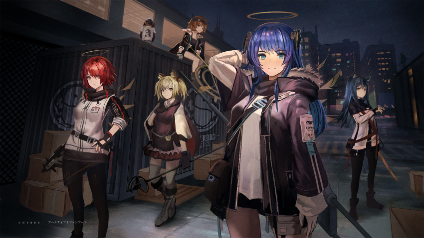 1boy 6+girls animal_ears arknights bird black_hair blonde_hair blue_hair cherre city container cow_horns croissant_(arknights) demon_horns emperor_(arknights) emperor_penguin energy_wings exusiai_(arknights) fingerless_gloves gloves gun halo highres hood hood_down hooded_jacket horns jacket kriss_vector lappland_(arknights) mostima_(arknights) multiple_girls night orange_hair penguin penguin_logistics_(arknights) penguin_logistics_logo red_hair sora_(arknights) staff submachine_gun sunglasses sword texas_(arknights) tupac_shakur weapon wolf_ears