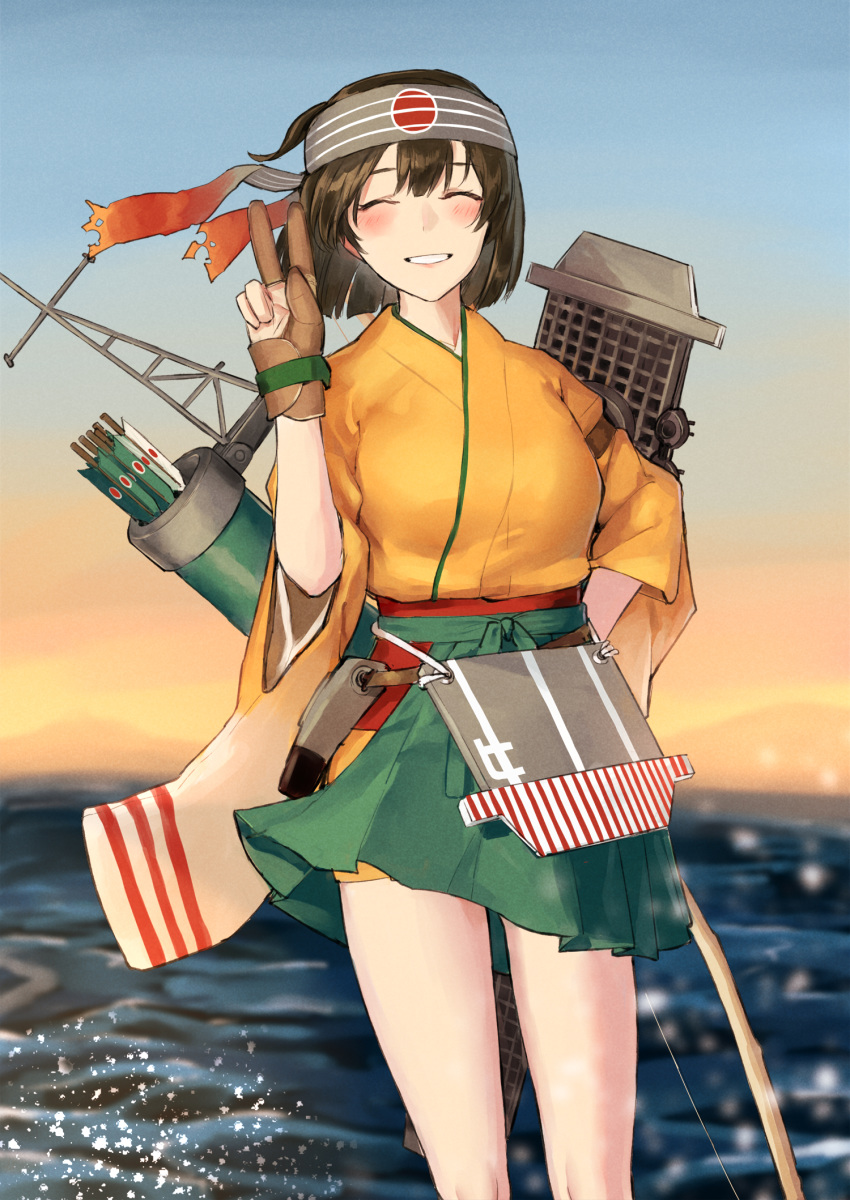 apron blue_sky blurry breasts brown_gloves brown_hair closed_eyes commentary_request cowboy_shot depth_of_field facing_viewer female flight_deck gloves gradient_sky green_hakama hakama hakama_short_skirt hakama_skirt headband highres hiryuu_(kancolle) hiryuu_kai_ni_(kancolle) japanese_clothes kantai_collection kimono large_breasts ocean one_side_up orange_kimono orange_sky partially_fingerless_gloves poco_(backboa) quiver short_hair single_glove skirt sky solo sunset v water yugake