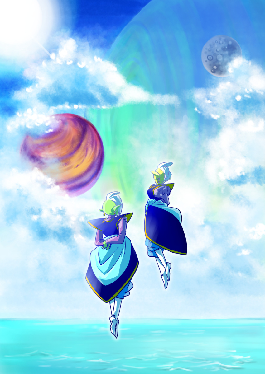 2boys arms_behind_back bad_id bad_pixiv_id boots cloud cloudy_sky day dragon_ball dragon_ball_super earrings facing_away floating gowasu highres jewelry long_sleeves male_focus mohawk multiple_boys outdoors planet pointy_ears potara_earrings short_hair sky tetsuyo white_hair zamasu