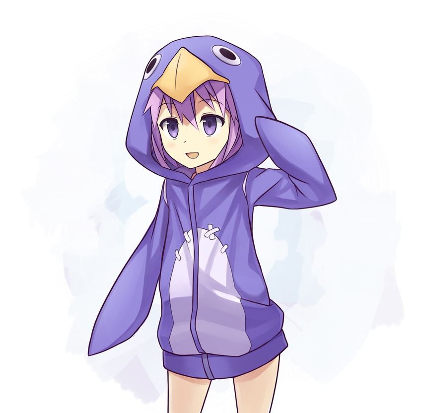 animal_costume bird commentary_request cosplay cyan_aeolin disgaea female highres neptune_(neptunia) neptune_(series) penguin penguin_costume prinny prinny_(cosplay) purple_eyes purple_hair short_hair smile