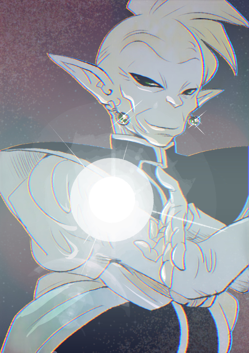 1boy bad_id bad_pixiv_id black_background black_eyes chromatic_aberration closed_mouth dragon_ball dragon_ball_super earrings energy_ball gowasu gradient_background half-closed_eyes highres jewelry looking_at_viewer male_focus mohawk pale_color pointy_ears potara_earrings smile solo tetsuyo upper_body