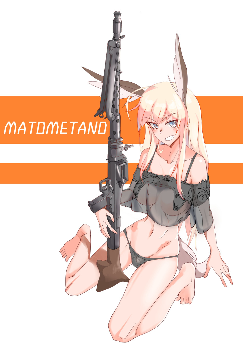 absurdres ahoge barefoot bipod bird_girl bird_tail black_legwear blonde_hair blue_eyes breasts cleavage commentary_request female groin gun hair_over_one_eye hanna-justina_marseille head_wings highres ito_(i_too04) lingerie long_hair machine_gun mg34 navel panties smile solo squatting tail underwear weapon wings witches_of_africa world_witches_series