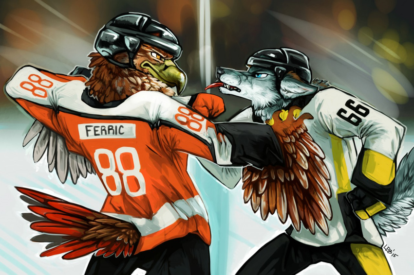 2015 accipitrid accipitriform anthro armor avian bagleyarts beak bird bloodymagus canid canine canis clothed clothing competition_number detailed_background digital_media_(artwork) duo feathered_wings feathers ferric_(oblong_pomegranate) fight fist fully_clothed headgear helmet hockey jersey mammal nhl number number_on_clothing number_on_jersey number_on_topwear number_print philadelphia_flyers pittsburgh_penguins portrait print_clothing print_jersey print_topwear puppy-chow puppychowder sport text text_on_clothing text_on_jersey text_on_topwear text_print three-quarter_portrait tongue tongue_out topwear wings wolf