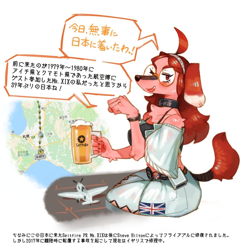 2019 5_fingers accessory ahoge aircraft alcohol anthro beer belt beverage biped breasts british canid canine canis clock clothed clothing dialogue domestic_dog exclamation_point eyewear female fingers fluffy fluffy_tail fur glasses hair hair_accessory hairband hideki_kaneda holding_object japanese_text looking_at_viewer mammal map midriff open_mouth paw_pose pink_body pink_fur pose red_eyes red_hair sapporo simple_background sitting solo speech_bubble spitfire_(hideki_kaneda) tail text translation_request vehicle watch white_background