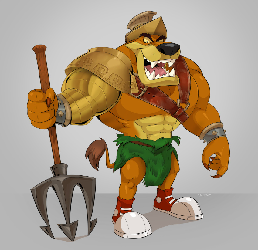 2020 abs absurd_res activision anthro biceps clothing crash_(series) dasyuromorph extinct fur hi_res male mammal marsupial muscular muscular_anthro muscular_male pecs polartoons recently_extinct_species simple_background solo thylacine tiny_tiger