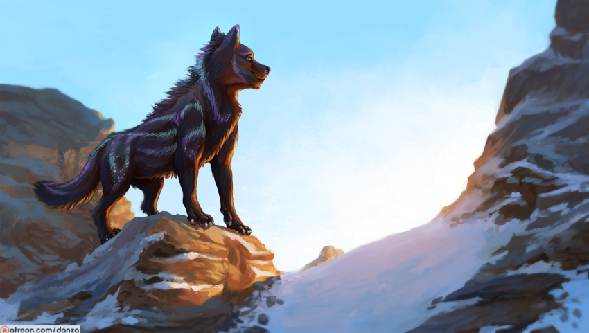 alpine canid canine canis conditional_dnp countershading danza english_text feral galaxy landscape male mammal markings patreon patreon_logo paws rock snow solo sunrise text url wolf