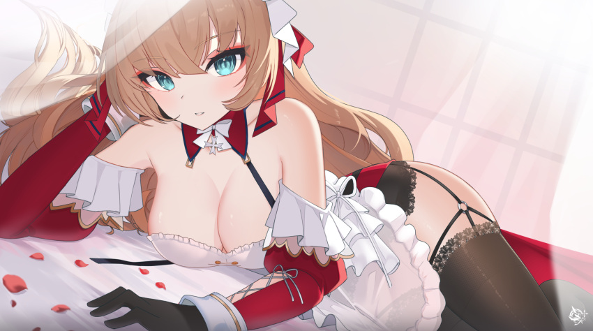 apron azur_lane black_garter_straps blonde_hair breasts brown_thighhighs cleavage cross crossed_bangs elbow_rest female frilled_apron frills garter_straps hand_on_own_face head_rest highres howe_(azur_lane) howe_(pastry_princess)_(azur_lane) kei_myoho lace-trimmed_legwear lace-trimmed_thighhighs lace_trim long_hair looking_at_viewer lying maid maid_headdress o-ring_garter_belt official_alternate_costume petals red_sleeves solo thighhighs white_apron