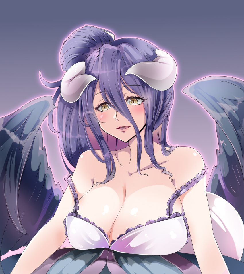 1041_(toshikazu) ahoge albedo_(overlord) babydoll bare_shoulders black_hair black_wings breast_rest breasts cleavage demon_girl demon_horns female folded_ponytail frills hair_between_eyes hair_bun hair_up highres horns large_breasts long_hair looking_at_viewer nightgown off_shoulder overlord_(maruyama) purple_background simple_background single_hair_bun slit_pupils smile solo spaghetti_strap strap_slip wings yellow_eyes