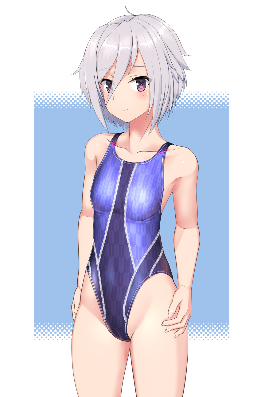 absurdres ahoge blue_background blue_one-piece_swimsuit breasts commentary_request competition_swimsuit cowboy_shot female grey_hair hair_between_eyes highres itomi_sayaka multicolored_clothes multicolored_swimsuit one-piece_swimsuit purple_eyes short_hair small_breasts solo standing swimsuit takafumi toji_no_miko two-tone_background variant_set yagasuri