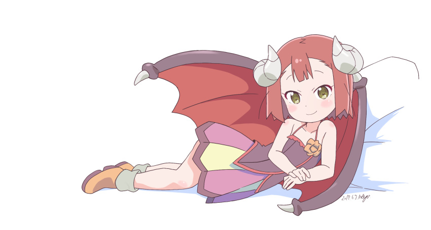 blush_stickers brown_eyes camisole commentary demon_wings endro! female highres horns looking_at_viewer lying mao_(endro!) on_side reclining red_hair shirakawa_mayumi short_hair skirt solo spaghetti_strap white_background wings