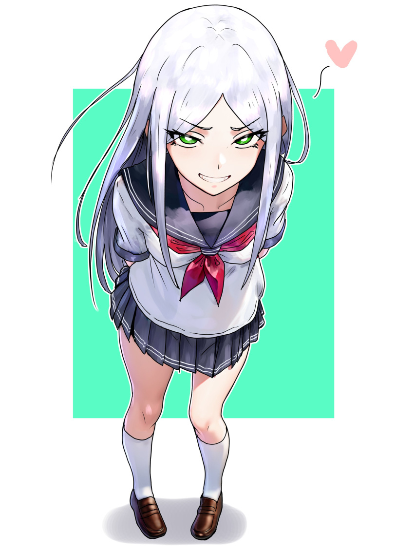 a_certain_high_school_uniform absurdres aleis-tan aleister_crowley_(toaru_majutsu_no_index) arms_behind_back black_sailor_collar black_skirt breasts bright_pupils brown_footwear commentary ebora female full_body green_eyes grey_hair heart highres kneehighs loafers long_hair looking_at_viewer looking_up medium_breasts neckerchief petite pleated_skirt red_neckerchief sailor_collar school_uniform serafuku shoes short_sleeves skirt smile socks solo standing summer_uniform swept_bangs toaru_majutsu_no_index toaru_majutsu_no_index:_new_testament very_long_hair white_pupils white_socks