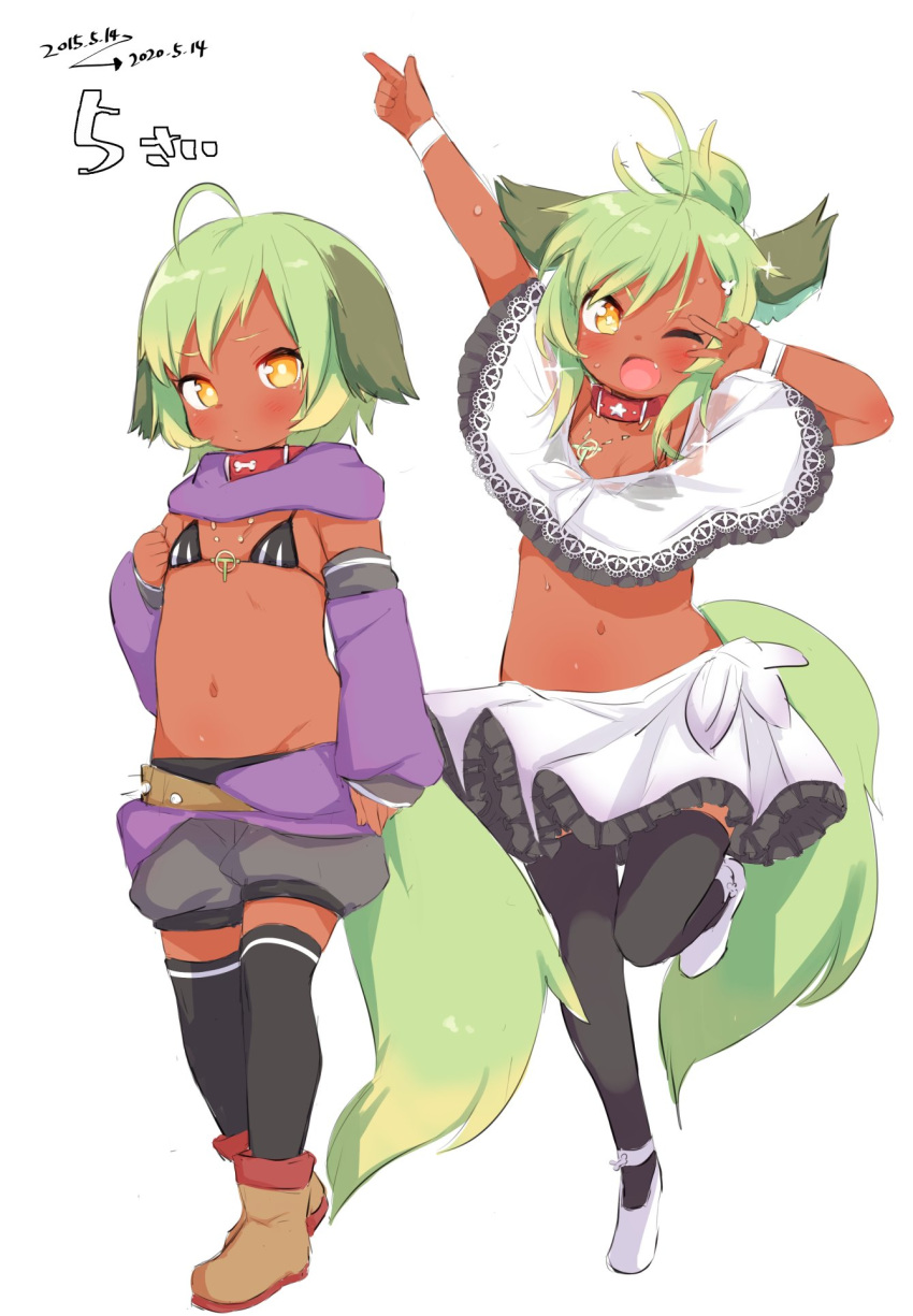 ahoge animal_ears arm_up bangs black_legwear black_panties black_skirt blush boots brown_footwear collar collarbone commentary_request dark_skin dog_collar dog_ears dog_girl dog_tail done_(donezumi) female flat_chest frills full_body green_hair grey_background hair_between_eyes happy highres jewelry knee_up light_green_hair lolicon long_sleeves looking_at_viewer medium_hair midriff miniskirt multiple_views navel necklace oerba_yun_fang one_eye_closed open_mouth original panties red_collar shoes short_shorts shorts simple_background skirt smile standing standing_on_one_leg stomach tail thighhighs titi-chan_(nezumi_inu) two-tone_skirt underwear v_over_eye w white_footwear white_skirt yellow_eyes