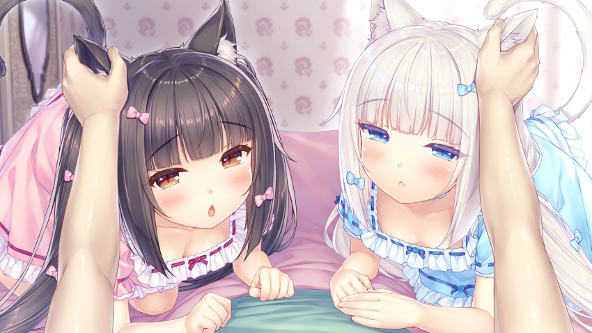 animal_ears bed bed_sheet bedroom blush bow cat_ears cat_tail chocola_(nekopara) ear_grab feline highres lying nekopara pajamas sayori_(neko_works) tail vanilla_(nekopara)