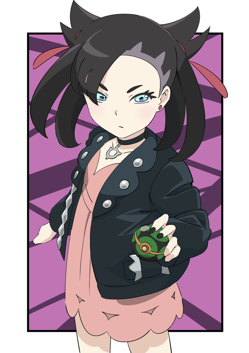 asymmetrical_bangs black_choker black_hair black_jacket black_nails border choker closed_mouth commentary_request dress dusk_ball earrings female green_eyes hair_ribbon highres holding holding_poke_ball jacket jewelry looking_at_viewer marnie_(pokemon) nail_polish open_clothes open_jacket pink_dress poke_ball pokemon pokemon_swsh purple_background red_ribbon ribbon solo white_border yusuke_oshida