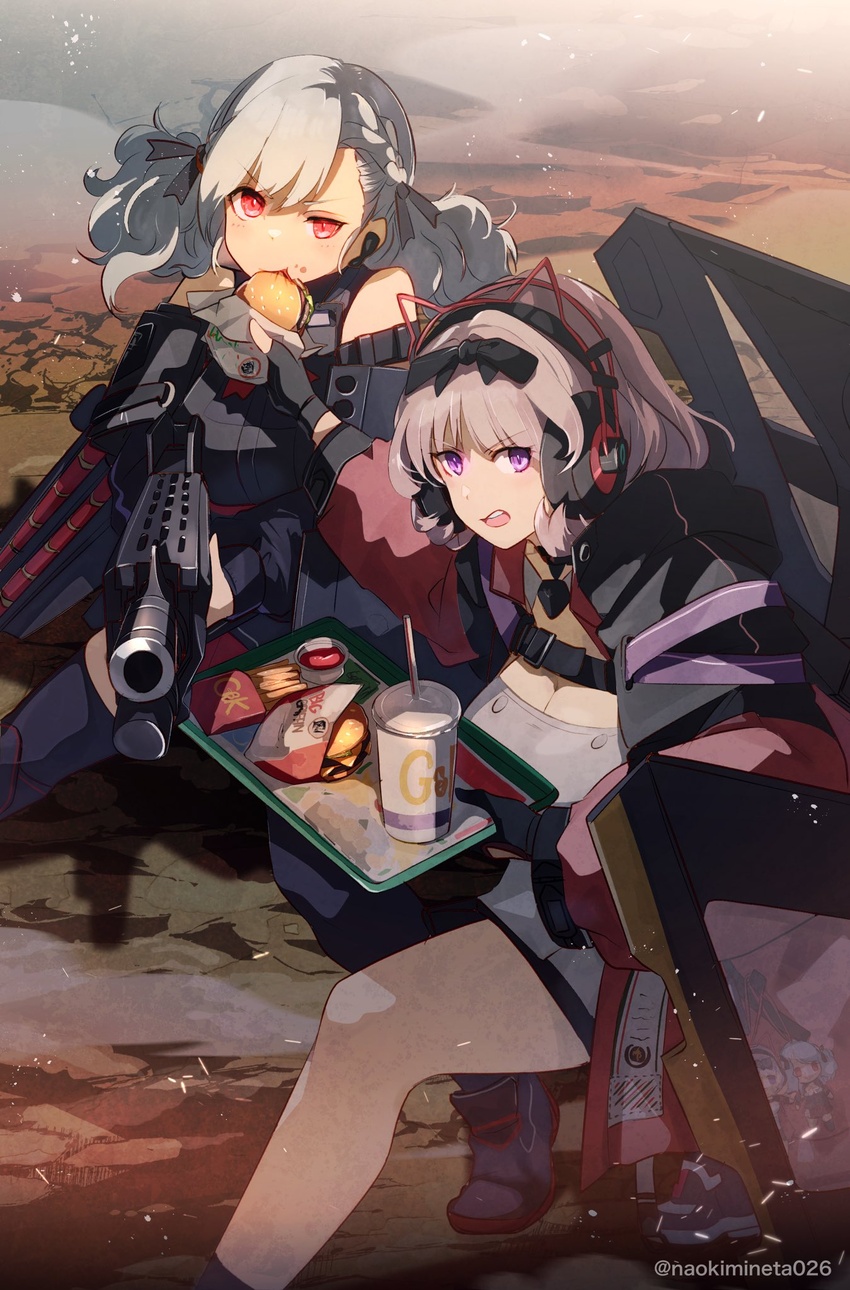 2girls aiming aiming_at_viewer asymmetrical_bangs black_gloves black_jacket black_ribbon blush braid breasts burger character_doll charm_(object) cleavage commentary_request cup disposable_cup dress earpiece eating fighting_stance fingerless_gloves food food_on_face food_wrapper french_fries girls'_frontline gloves grey_hair griffin_&_kryuger gun hair_ribbon half-closed_eye headphones highres holding holding_tray jacket ketchup large_breasts long_hair looking_at_viewer mineta_naoki multiple_girls open_clothes open_jacket open_mouth outdoors pump_action purple_eyes red_eyes ribbon shield shield_module shoes short_hair shotgun sleeveless sneakers socks spas-12 spas-12_(girls'_frontline) spas-15_(girls'_frontline) thighhighs tray twintails weapon white_dress