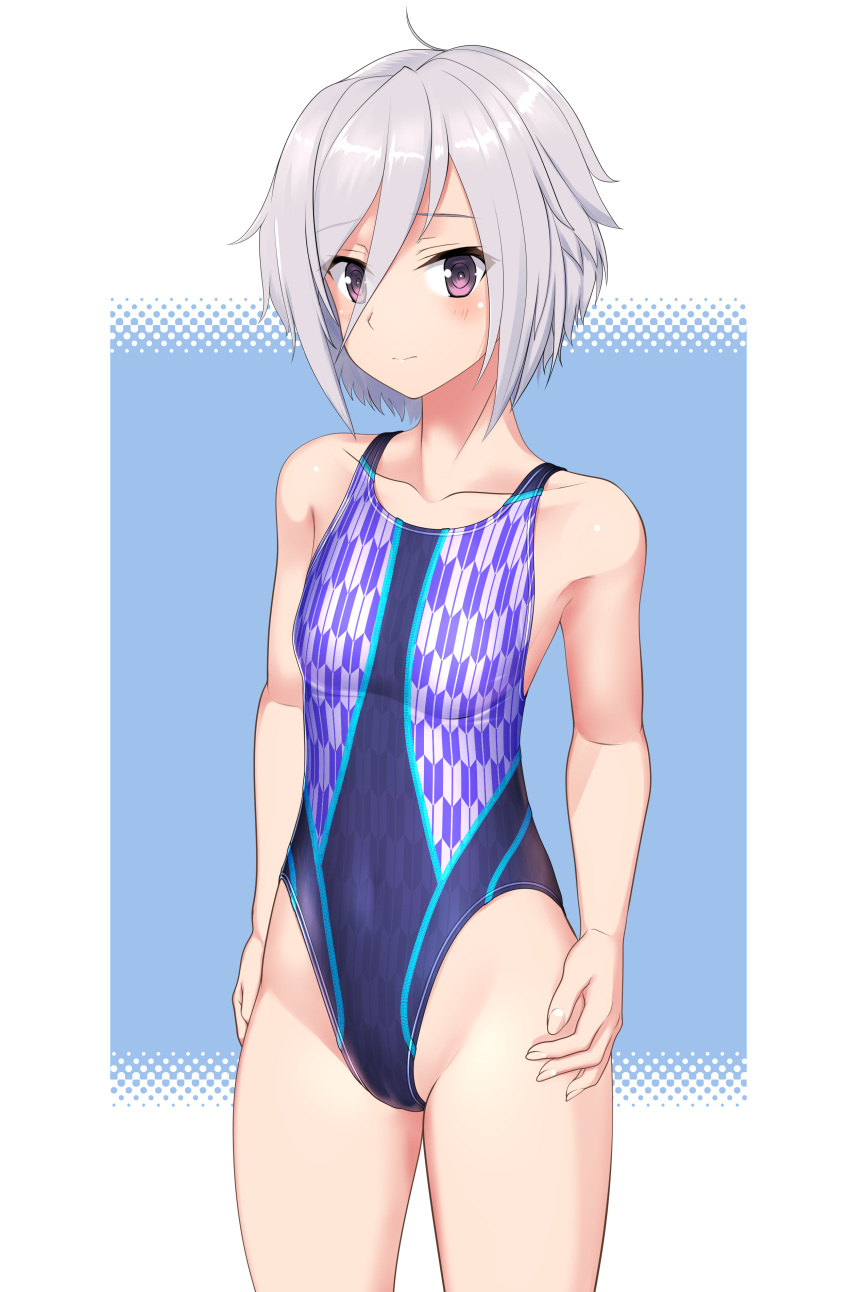 absurdres ahoge black_one-piece_swimsuit blue_background breasts commentary_request competition_swimsuit cowboy_shot female grey_hair hair_between_eyes highres itomi_sayaka multicolored_clothes multicolored_swimsuit one-piece_swimsuit purple_eyes short_hair small_breasts solo standing swimsuit takafumi toji_no_miko two-tone_background variant_set yagasuri