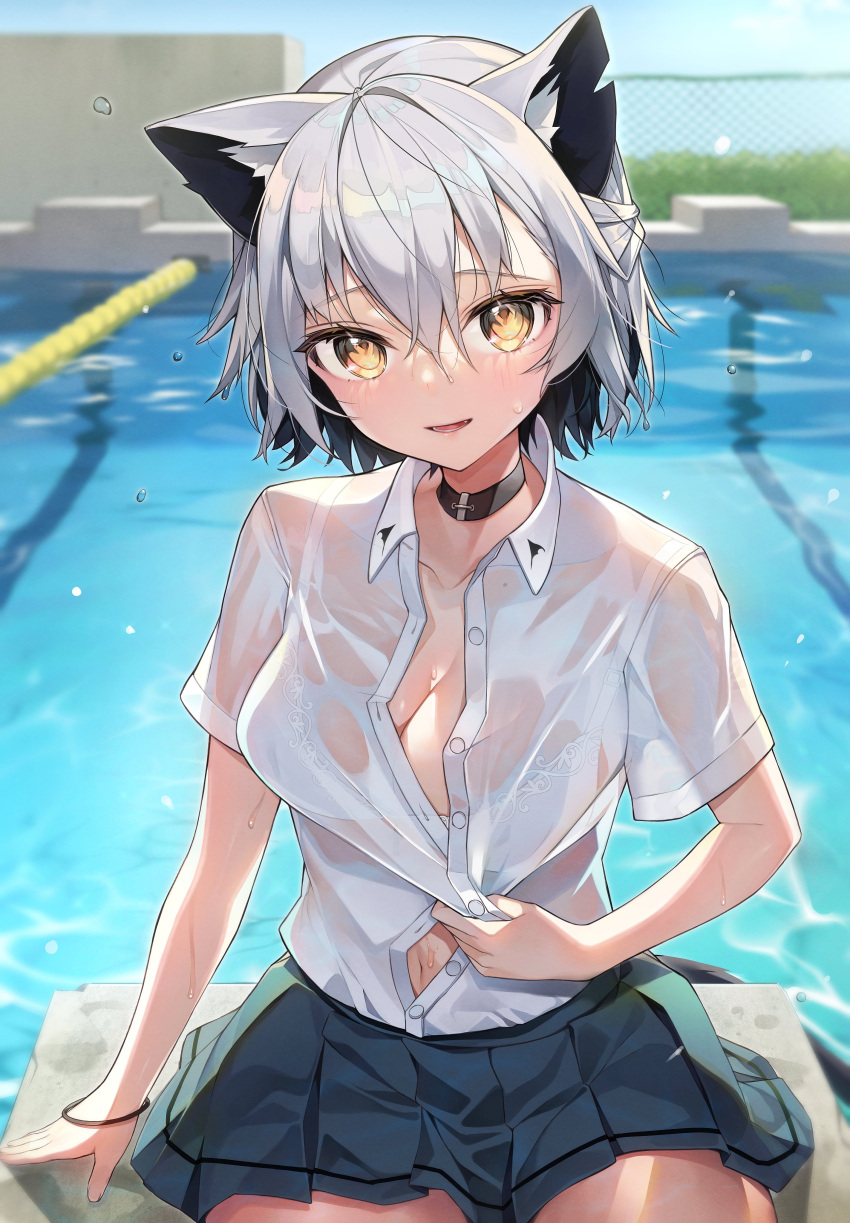 absurdres animal_ears black_collar blush bra cat_ears cat_tail collar female grey_hair highres looking_at_viewer navel open_clothes open_mouth open_shirt original outdoors pool poolside school_uniform see-through shirt sitting tail underwear water water_drop wet white_bra white_shirt yayoichi_(yoruyoru108) yellow_eyes