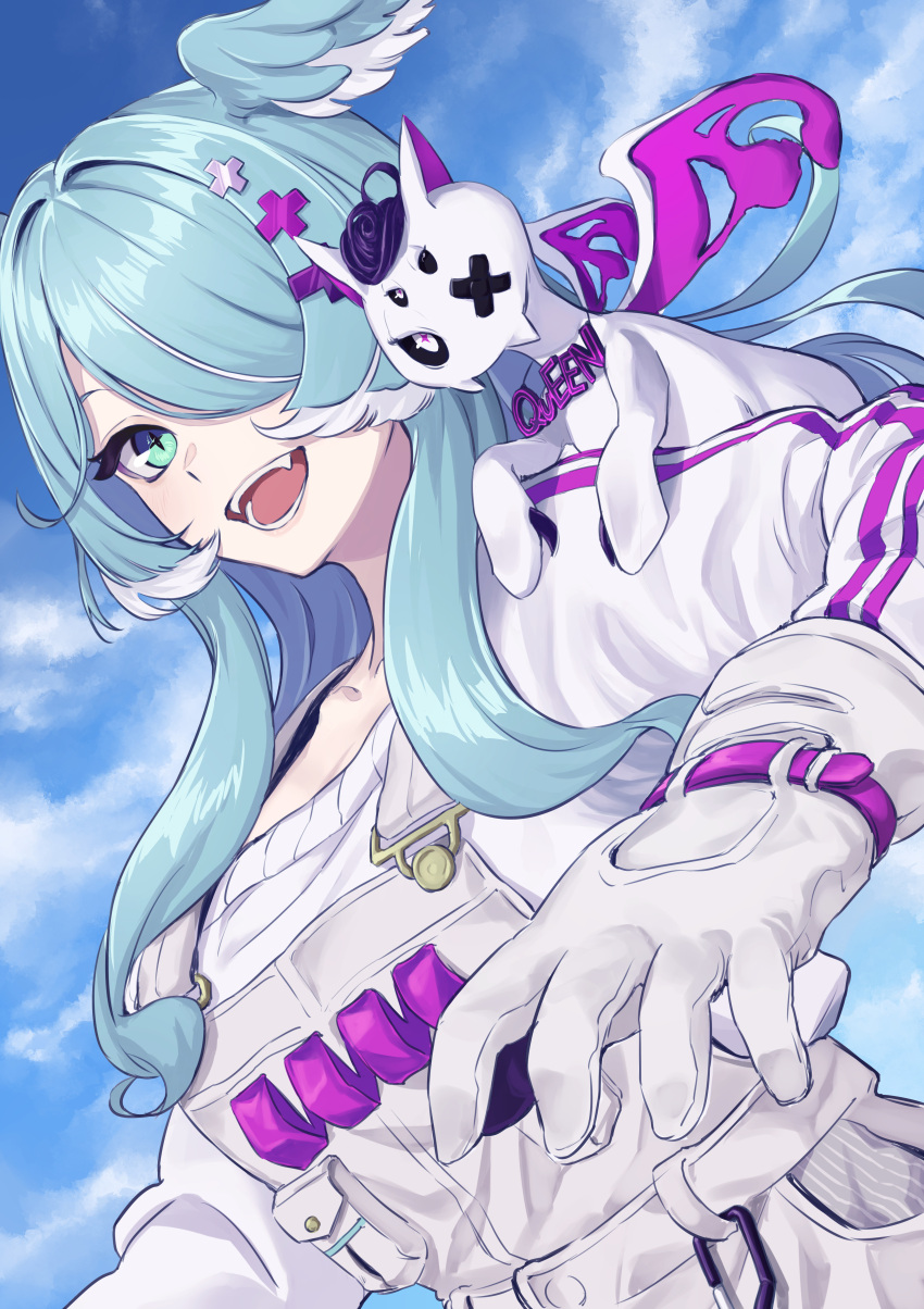 absurdres blue_eyes blue_hair breasts cloud commentary dragon elira_pendora elira_pendora_(1st_costume) english_commentary fangs female g9_(jiiku) gloves grey_gloves grey_overalls grey_sweater hair_ornament hair_over_one_eye hairclip head_wings highres long_hair looking_at_viewer medium_breasts multicolored_hair nijisanji nijisanji_en one_eye_covered open_mouth overalls pikl_(elira_pendora) sky slit_pupils smile sweater two-tone_hair upper_body virtual_youtuber white_hair wings