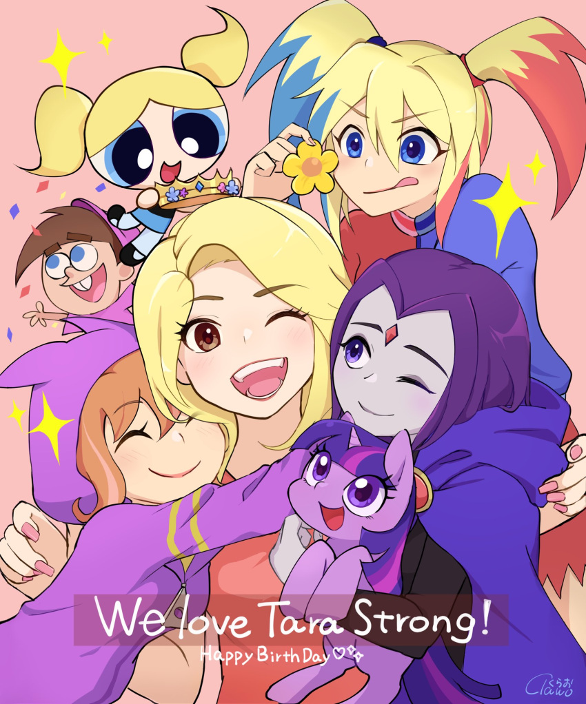 1boy 6+girls ;d animification barbara_gordon blonde_hair bubbles_(ppg) crossover crown dc_comics dc_super_hero_girls flower forehead_jewel group_hug happy_birthday harley_quinn highres hood hoodie horns hug looking_at_viewer multicolored_hair multiple_girls my_little_pony my_little_pony:_friendship_is_magic one_eye_closed open_mouth orange_hair powerpuff_girls purple_hair raven_(dc) single_horn smile tara_strong teen_titans the_fairly_oddparents timmy_turner tongue tongue_out toon_(style) twilight_sparkle_(mlp) twintails two-tone_hair unicorn urucra voice_actor_connection