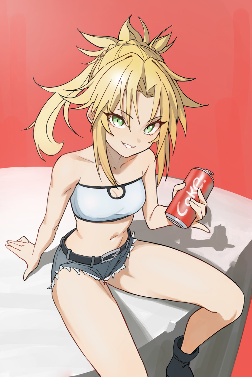 artstation_sample bandeau bangs belt black_footwear blue_shorts blush boots braid breasts can collarbone denim denim_shorts fate/apocrypha fate_(series) female french_braid green_eyes grin highres image_sample kiritzuguart long_hair looking_at_viewer mordred_(fate) mordred_(fate)_(all) navel parted_bangs pinky_out ponytail red_background scrunchie short_shorts shorts sidelocks sitting small_breasts smile soda_can thighs