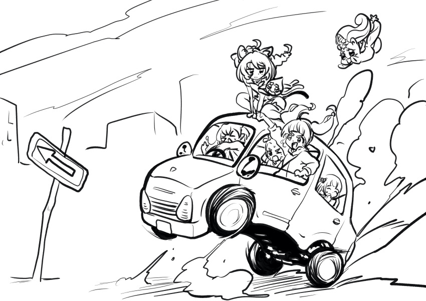 5girls absurdres amamiya_elena animal_ears blue_cat_(precure) car commentary_request driving fuwa_(precure) greyscale hagoromo_lala highres hoshina_hikaru kaguya_madoka line_art long_hair monochrome motor_vehicle multiple_girls one_way_sign precure prunce_(precure) road_sign sign star_twinkle_precure tankobukids twintails vehicle_focus yuni_(precure)