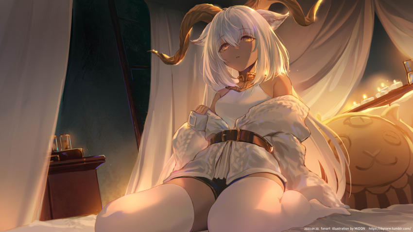 animal_ears arknights bed beeswax_(arknights) beeswax_(weisser_sand)_(arknights) belt black_shorts brown_belt candle canopy_bed cardigan commentary dark-skinned_female dark_skin dqn_(dqnww) female full_body glass goat_ears goat_girl goat_horns gold_horns highres horns indoors long_hair looking_at_viewer no_shoes official_alternate_costume parted_lips pillow shirt shorts sleeveless sleeveless_shirt solo table thighhighs white_cardigan white_hair white_shirt white_thighhighs yellow_collar yellow_eyes