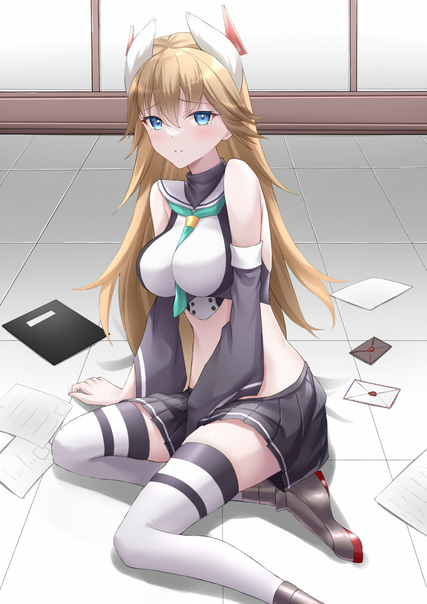 azur_lane black_skirt blonde_hair blue_eyes blush boots breasts commission female floor furutaka_(azur_lane) furutaka_(retrofit)_(azur_kane) highres long_hair looking_at_viewer mail medium_breasts naga_(pixiv70891418) notepad on_floor open_mouth paper pixiv_commission skirt solo tears thighhighs white_thighhighs wide_sleeves