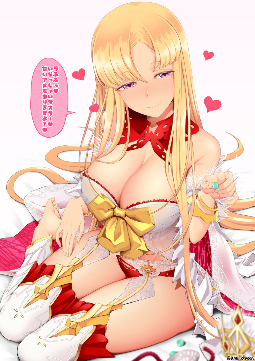 bare_shoulders barefoot blonde_hair blush breasts cleavage crown detached_collar dress europa_(fate) fate/grand_order fate_(series) feet female garter_belt heart highres large_breasts long_hair looking_at_viewer panties purple_eyes red_panties short_dress simple_background sitting smile solo speech_bubble thighs translated unadon underwear unworn_crown very_long_hair wariza white_dress white_legwear wide_sleeves