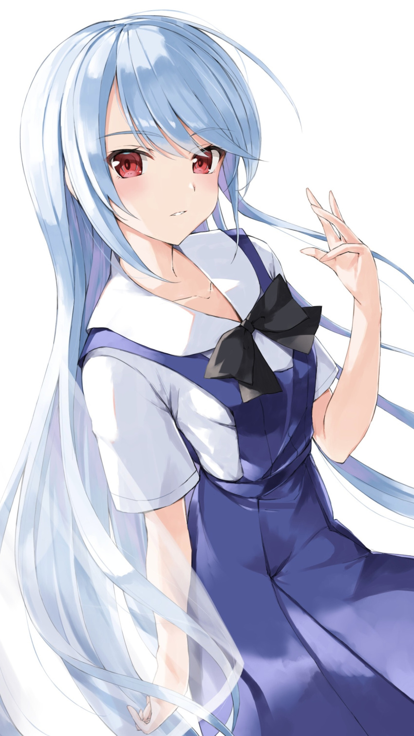 absurdres black_bow blue_dress blue_hair blush bow collarbone collared_shirt commentary dress female grisaia_(series) grisaia_no_kajitsu grisaia_no_rakuen hand_up highres kazami_kazuki long_hair parted_lips pleated_dress red_eyes shirt short_sleeves simple_background sleeveless sleeveless_dress solo very_long_hair white_background white_shirt yanagi_marie